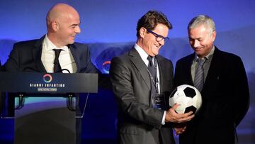 UEFA general secretary Gianni Infantino (L) watches as Fabio Capello (C) speaks with former Chelsea coach Portugal's Jose Mourinho after a press conference at Wembley stadium in London on February 1, 2016.
A stellar cast of football figures includi