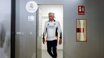 Real Madrid's Italian coach Carlo Ancelotti arrives to give a press conference at Real Madrid Sports City in Valdebebas, in the outskirts of Madrid, on December 21, 2024. (Photo by OSCAR DEL POZO / AFP)