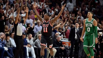 Dion Waiters celebra un triple clave en la victoria de los Heat que pone fin a la racha de triunfos de los Celtics.