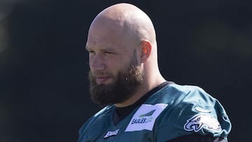 PHILADELPHIA, PA - AUGUST 05: Brandon Brooks #79 of the Philadelphia Eagles talks to Lane Johnson #65 during training camp at the NovaCare Complex on August 5, 2021 in Philadelphia, Pennsylvania. (Photo by Mitchell Leff/Getty Images)