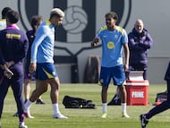 Araújo y Lamine en el entrenamiento de ayer.