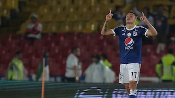 Henry Rojas celebrando el gol que marcó en el triunfo de Millonarios ante el Huila por Liga Águila I-2018
