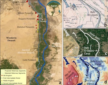 Mapa en el que se explica por donde circulaba el cauce de este río y como unía las diferentes pirámides. / The Egyptian pyramid chain was built along the now abandoned Ahramat Nile Branch (Eman Ghoneim)