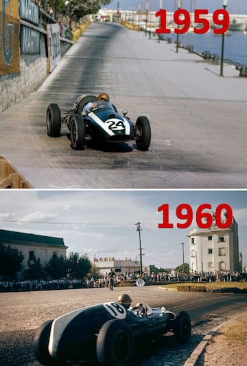 El australiano Jack Brabham logró en 1959 su primer título mundial con el Cooper-Coventry Clímax T51 de 2,5 litros, consiguiendo su primera victoria en el circuito de Mónaco (en la imagen). Al año siguiente conseguiría su segundo título consecutivo con el T53. Obtuvo esa temporada un total de cinco victorias (de manera consecutiva), de un total de 10 carreras. En la imagen durante el GP de Argentina en el Autodromo Juan y Oscar Galvez de Buenos Aires el 07 de febrero de 1960.