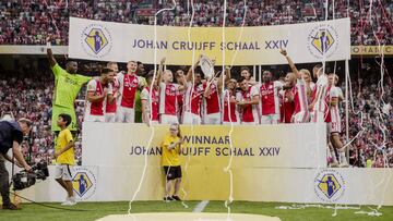 AMSTERDAM, NETHERLANDS - JULY 27: Andre Onana of Ajax, Perr Schuurs of Ajax, Joel Veltman of Ajax, Donny van de Beek of Ajax, Dusan Tadic of Ajax, Quincy Promes of Ajax, Daley Blind of Ajax, Razvan Marin of Ajax, Lisandro Martinez of Ajax, Kasper Dolberg