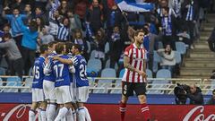 Real Sociedad SAD goal, (4) Inigo Martinez during the Spanish La Liga soccer match between Real Sociedad SAD and Athletic Club Bilbao at Anoeta stadium, in San Sebastian, northern Spain, Saturday, April, 28, 2018