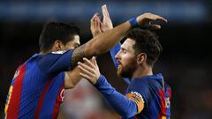 Football Soccer - Barcelona v Atletico Madrid- Spanish King&#039;s Cup Semi-final second leg - Camp Nou Stadium, Barcelona, Spain - 07/02/17 Barcelona&#039;s Luis Suarez celebrates with Lionel Messi after scoring their first goal.      REUTERS/Albert Gea