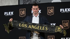 Welsh soccer player Gareth Bale is welcomed to Major League Soccer's Los Angeles Football Club (LAFC) during a press conference at the Banc of California Stadium, in Los Angeles, California, on July 11, 2022. (Photo by Robyn Beck / AFP)