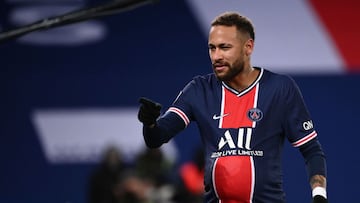 Paris Saint-Germain's Brazilian forward Neymar celebrates after scoring a goal during the French L1 football match between Paris-Saint Germain (PSG) and Montpellier at The Parc des Princes Stadium in Paris on January 22, 2021. (Photo by Franck FIFE /