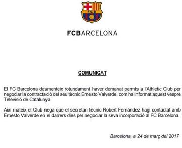 Comunicado del FC Barcelona desmintiendo los contactos con Ernesto Valverde