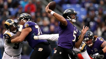 BALTIMORE, MD - NOVEMBER 22: Quarterback Joe Flacco #5 of the Baltimore Ravens looks to pass against the St. Louis Rams during the second half at M&T Bank Stadium on November 22, 2015 in Baltimore, Maryland. The Baltimore Ravens won, 16-13. (Photo by Patrick Smith/Getty Images)