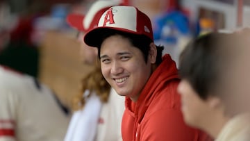 Shohei Ohtani #17 of the Los Angeles Angels in the dugout.