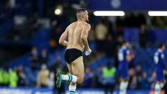 LONDON, ENGLAND - OCTOBER 22: Mateo Kovacic of Chelsea after his sides 1-1 draw leaves the pitch after giving a fan his shorts and top during the Premier League match between Chelsea FC and Manchester United at Stamford Bridge on October 22, 2022 in London, England. (Photo by Robin Jones/Getty Images)