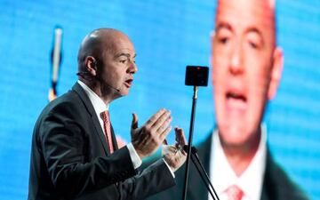 FIFA president Gianni Infantino makes an address during the 13th edition of the Dubai International Sports Conference, at Madinat Jumeirah in Dubai