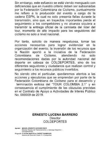 Carta de Coldeportes a la Federación Colombiana de Ciclismo.