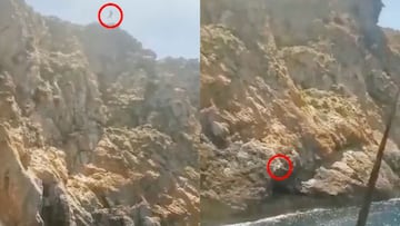 Un turista holand&eacute;s en lo alto de un acantilado en Calvi&agrave; (Mallorca, Espa&ntilde;a) y golpe&aacute;ndose despu&eacute;s cotra una roca antes de caer al agua mientras practicaba cliff diving, el 12 de mayo del 2022.