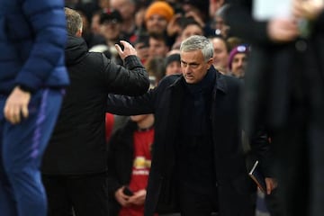 Jose Mourinho greets Ole Gunnar Solksjaer after Man United's win over Spurs at Old Trafford.