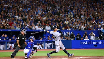 TORONTO, ON - SEPTEMBER 28: Aaron Judge #99 of the New York Yankees flies out in the second inning against the Toronto Blue Jays at Rogers Centre on September 28, 2022 in Toronto, Ontario, Canada. Vaughn Ridley/Getty Images/AFP