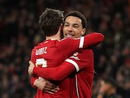 Soccer Football - FA Cup - Third Round - Liverpool v Barnsley - Anfield, Liverpool, Britain - January 12, 2026 Liverpool's Hugo Ekitike celebrates scoring their fourth goal with Florian Wirtz REUTERS/Phil Noble