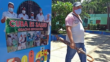 Un hombre con mascarilla pasa junto a un cartel que promociona logros en salud debidos a la revolución, hoy en La Habana (Cuba).