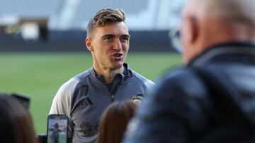 Dec 8, 2023; Columbus, OH, USA; Columbus Crew defender Julian Gressel (7) talks to media members during MLS Cup activities at Lower.com Field. Mandatory Credit: Joseph Maiorana-USA TODAY Sports