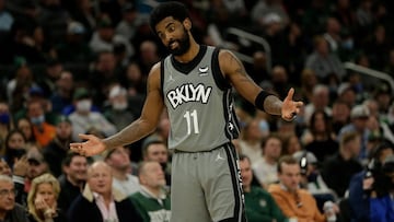 MILWAUKEE, WISCONSIN - FEBRUARY 26: Kyrie Irving #11 of the Brooklyn Nets rteacts to a call during the second half of a game against the Milwaukee Bucks at Fiserv Forum on February 26, 2022 in Milwaukee, Wisconsin. NOTE TO USER: User expressly acknowledge