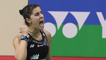 La jugadora española Carolina Marin celebra un punto durante su partido ante YONEX SUNRISE India Open 2023 badminton tournament in New Delhi, India, 19 January 2023. (España, Tailandia, Nueva Delhi) EFE/EPA/HARISH TYAGI