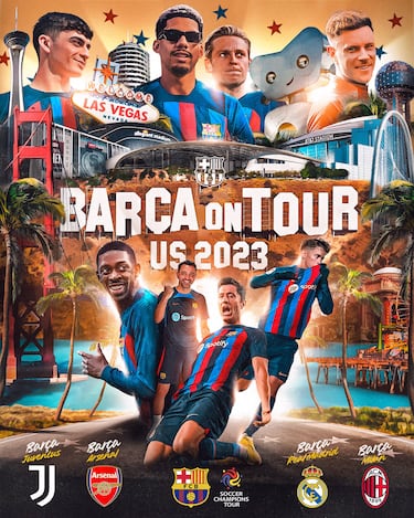 Which players are missing from the Barcelona pre-season US Summer Tour poster?