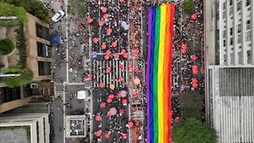 A drone view shows revellers as they take part in the LGBTQ+ rights annual Pride parade, in Sao Paulo, Brazil June 22, 2025. REUTERS/Jorge Silva TPX IMAGES OF THE DAY