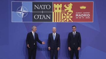 MADRID, SPAIN - JUNE 29: U.S. President Joe Biden (C) is welcomed by the Spanish Prime Minister Pedro Sanchez (R) and NATO Secretary-General Jens Stoltenberg (L) during the NATO summit at the Ifema congress centre in Madrid, Spain on June 29, 2022. (Photo by Burak Akbulut/Anadolu Agency via Getty Images)