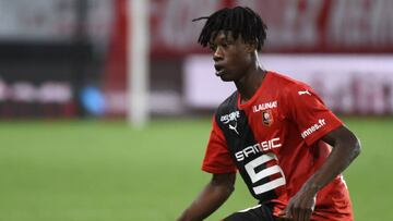 Rennes&#039; French midfielder Eduardo Camavinga is pictured during the French L1 Football match between Rennes (SRFC) and Paris Saint-Germain (PSG), on August 18, 2019, at the Roazhon Park, in Rennes, northwestern France. (Photo by JEAN-FRANCOIS MONIER /