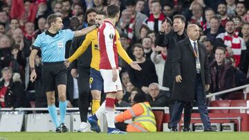 Simeone (second right) is sent to the stands by referee Clément Turpin in Atlético Madrid's 1-1 draw with Arsenal in the first leg of the Europa League semi-finals.