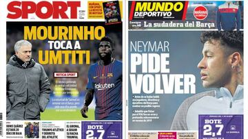 Portadas de los diarios Sport y Mundo Deportivo del día 9 de marzo de 2018.