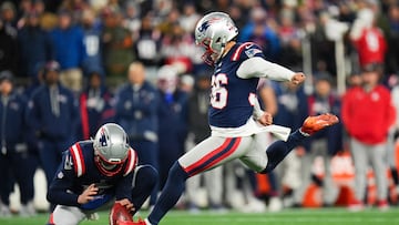 Jan 11, 2026; Foxborough, MA, USA; New England Patriots place kicker Andy Borregales (36) kicks a field goal during the second quarter against the Los Angeles Chargers in an AFC Wild Card Round game at Gillette Stadium. Mandatory Credit: David Butler II-Imagn Images