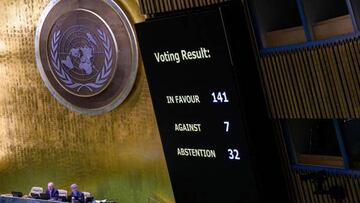 A screen displays the vote count during the Eleventh Emergency Special Session of the General Assembly on Ukraine, at UN headquarters in New York City on February 23, 2023. - The United Nations voted overwhelmingly Thursday to demand Russia "immediately" and "unconditionally" withdraw its troops from Ukraine, marking the one-year anniversary of the war with a call for a "just and lasting" peace. (Photo by ANGELA WEISS / AFP) (Photo by ANGELA WEISS/AFP via Getty Images)