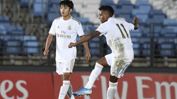 Kubo y Rodrygo, en un lance de juego en el encuentro amistoso disputado ante el Alcorc&oacute;n.