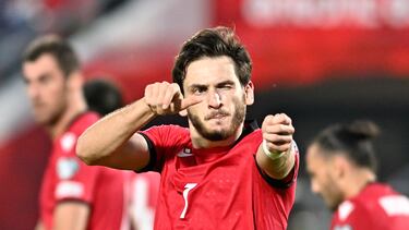 TBILISI, GEORGIA - OCTOBER 15: Khvicha Kvaratskhelia of Georgia celebrates his goal during the UEFA EURO 2024 European qualifier match between Georgia and Cyprus at Mikheil Meskhi Stadium on October 15, 2023 in Tbilisi, Georgia. (Photo by Levan Verdzeuli/Getty Images)