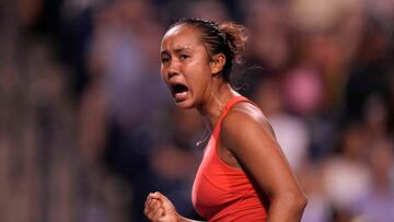 Aug 8, 2022; Toronto, ON, Canada; Leylah Fernandez (CAN) reacts to winning a point against Storm Sanders (AUS) (not pictured) at Sobeys Stadium. Mandatory Credit: John E. Sokolowski-USA TODAY Sports