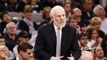 Mar 11, 2017; San Antonio, TX, USA; San Antonio Spurs head coach Gregg Popovich reacts during the second half against the Golden State Warriors at AT&amp;T Center. Mandatory Credit: Soobum Im-USA TODAY Sports