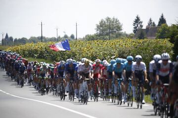 Vista general del pelotón animado por una persona que sostiene una gran bandera de Francia.