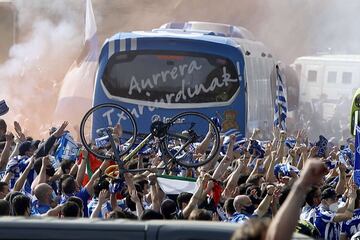 Real Sociedad fans cheer the team on their way down to Seville for the Copa del Rey final.