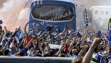 Real Sociedad fans cheer the team on their way down to Seville for the Copa del Rey final.