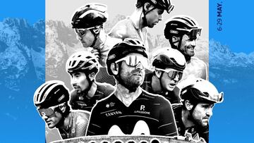 Cartel promocional del equipo Movistar con su equipo para el Giro de Italia 2022 con Alejandro Valverde e Iván Sosa como líderes.