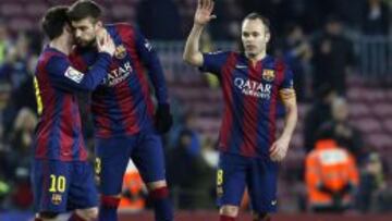 Los tres goleadores del Barcelona: Messi, Piqué e Iniesta.