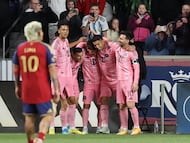 Apr 22, 2026; Sandy, Utah, USA; Inter Miami CF forward Luis Suarez (9) celebrates with teammates after scoring a goal against Real Salt Lake during the second half at America First Field. Mandatory Credit: Rob Gray-Imagn Images