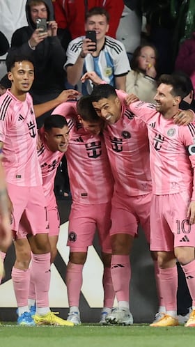 Apr 22, 2026; Sandy, Utah, USA; Inter Miami CF forward Luis Suarez (9) celebrates with teammates after scoring a goal against Real Salt Lake during the second half at America First Field. Mandatory Credit: Rob Gray-Imagn Images