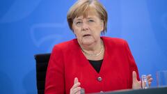 BERLIN, GERMANY - MAY 06: German Chancellor Angela Merkel attends a press briefing with heads of state on the coronavirus lockdown easement strategy on May 6, 2020 in Berlin, Germany. Germany has taken first steps in lifting lockdown measures in a careful