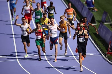 Britain's Josh Kerr crosses the finish line to win the men's 1500m heat.