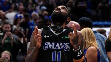 DALLAS, TEXAS - MAY 18: Kyrie Irving #11 of the Dallas Mavericks reacts after defeating the Oklahoma City Thunder in Game Six of the Western Conference Second Round Playoffs at American Airlines Center on May 18, 2024 in Dallas, Texas. NOTE TO USER: User expressly acknowledges and agrees that, by downloading and or using this photograph, User is consenting to the terms and conditions of the Getty Images License Agreement.   Sam Hodde/Getty Images/AFP (Photo by Sam Hodde / GETTY IMAGES NORTH AMERICA / Getty Images via AFP)