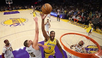 LOS ANGELES, CALIFORNIA - MAY 22: Tristan Thompson #9 of the Los Angeles Lakers shoots the ball past Nikola Jokic #15 of the Denver Nuggets during the second half in game four of the Western Conference Finals at Crypto.com Arena on May 22, 2023 in Los Angeles, California. NOTE TO USER: User expressly acknowledges and agrees that, by downloading and or using this photograph, User is consenting to the terms and conditions of the Getty Images License Agreement.   Harry How/Getty Images/AFP (Photo by Harry How / GETTY IMAGES NORTH AMERICA / Getty Images via AFP)